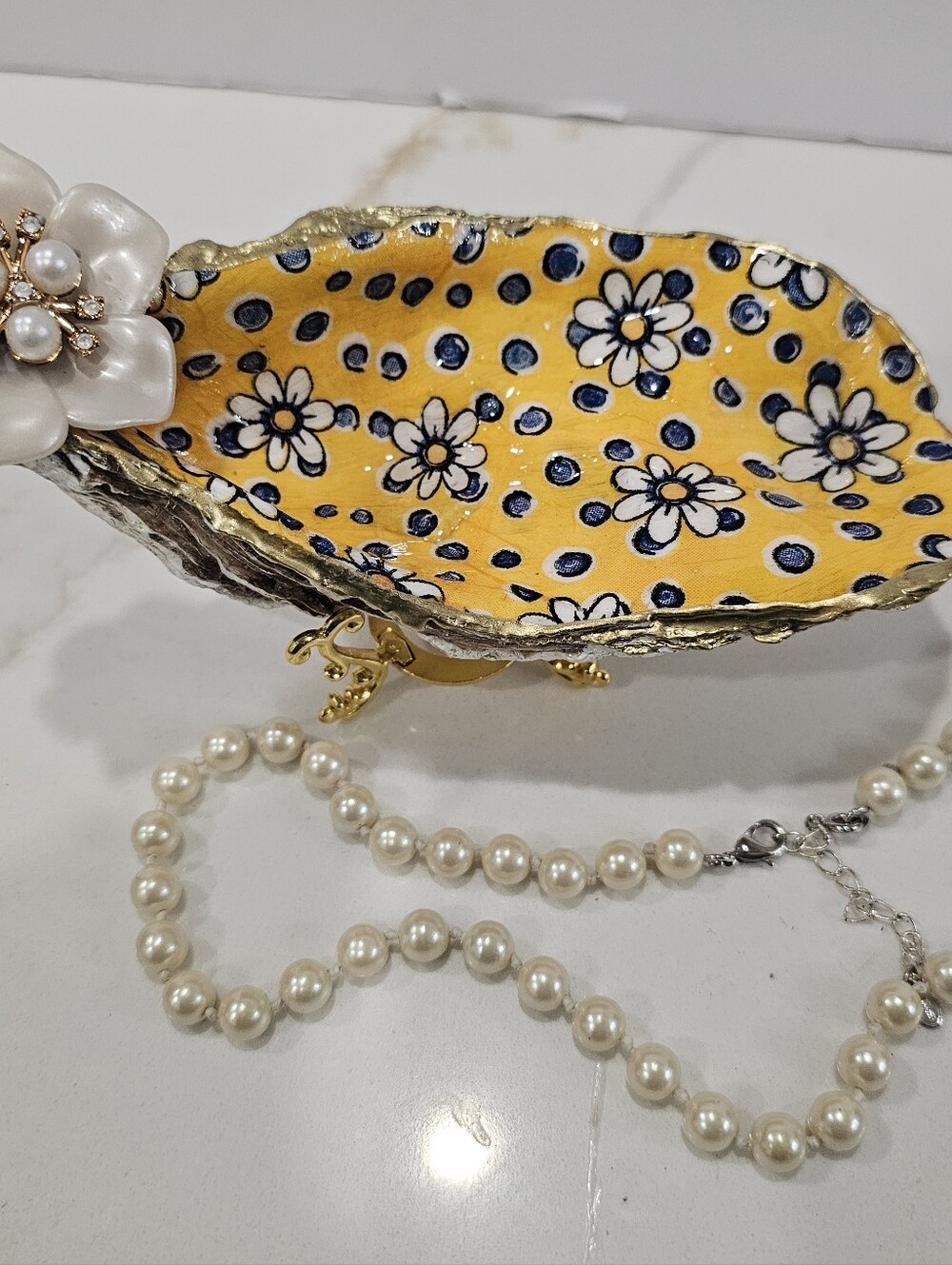 Decoupaged Gold & Blue Floral Oyster Shell Ring Trinket Dish Jewelry Holder